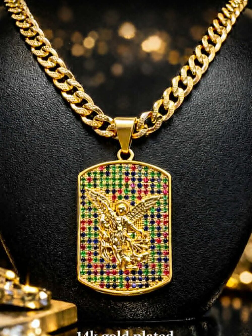 San Miguel St Michael Archangel Bling Crystal Pendant Upgraded Cuban 20" 24" 6mm